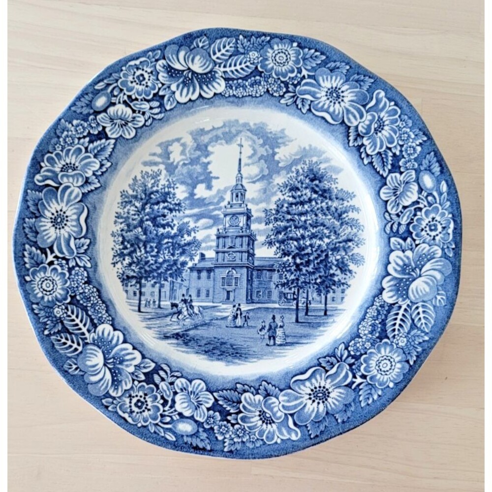 2 Staffordshire LIBERTY BLUE ironstone DINNER PLATES Independence Hall England